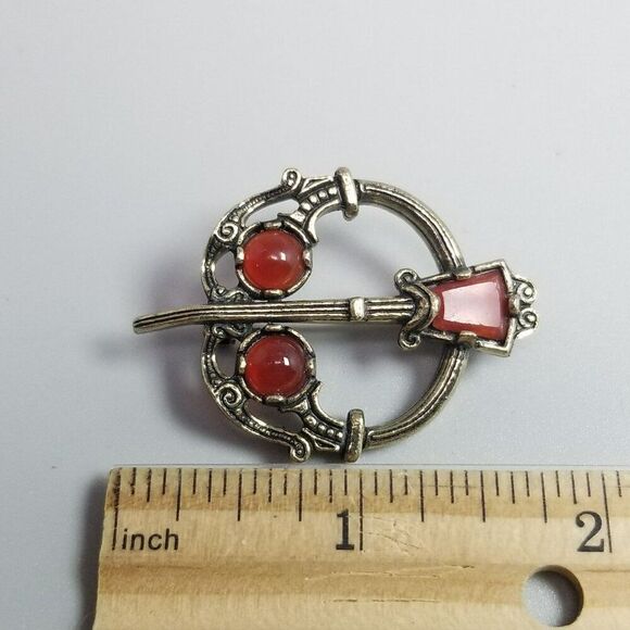 Vintage Celtic Style Red Cabochon Brooch, Kilt Shawl Scarf Lapel Pin, Estate - Picture 4 of 6